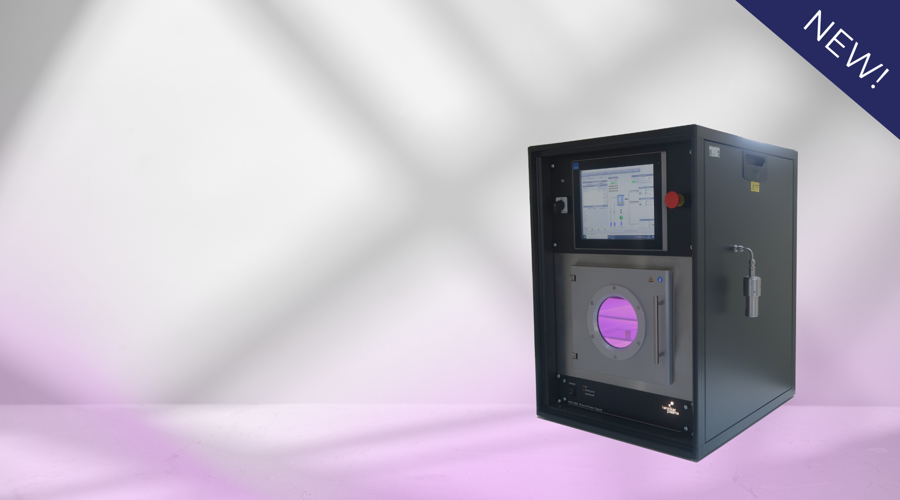 Benchtop Nebula plasma coating system with touchscreen control and visible purple plasma chamber for surface treatment applications