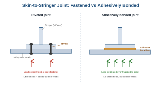 A riveted skin-to-stringer joint (left) beside an adhesively bonded joint (right). The bonded design removes fastener mass and drilled holes, and distributes load evenly along the bond line rather than concentrating it at discrete fasteners.