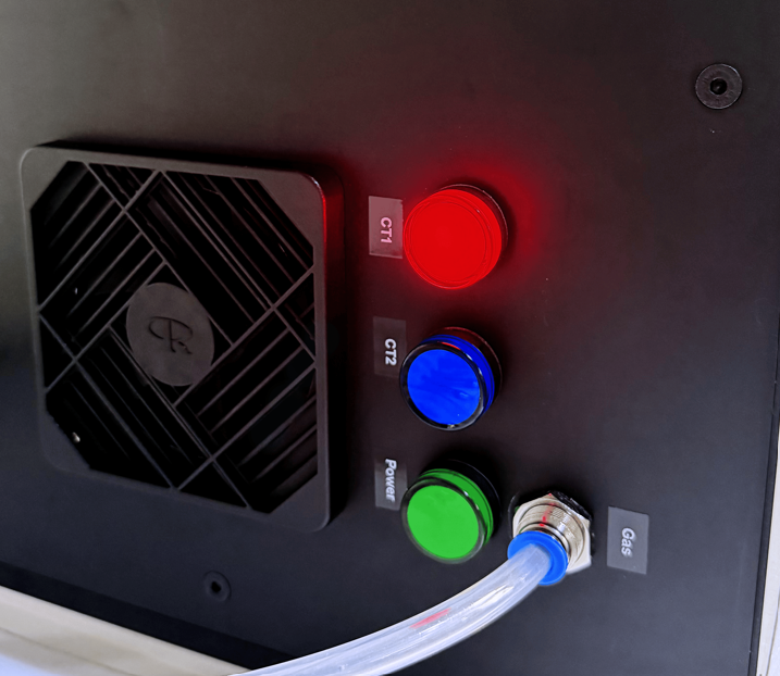 Altus controller side panel with CT1, CT2 and power indicator lights, cooling fan and compressed air gas inlet