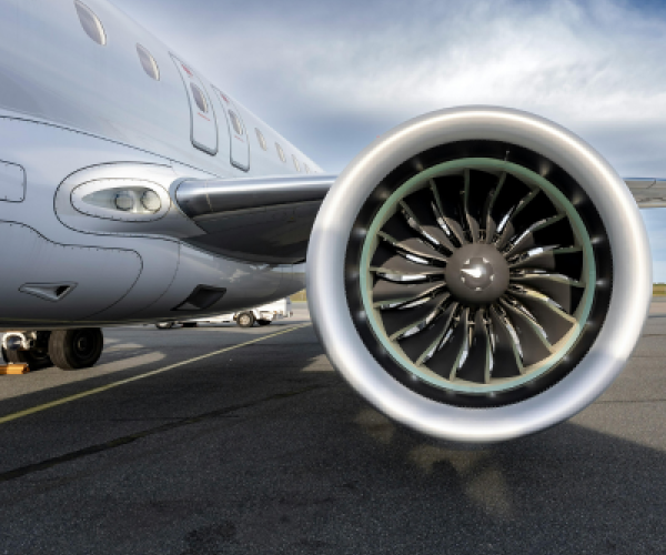 Close-up of a turbofan jet engine and fuselage of a modern commercial aircraft on an airport apron