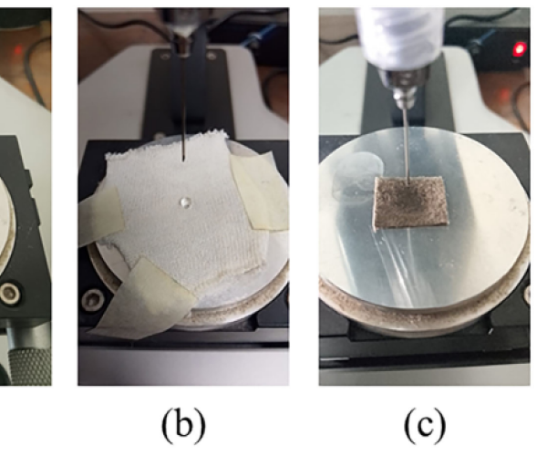 Side-by-side images showing water droplet tests on untreated and plasma-treated textile samples, demonstrating changes in surface wettability.