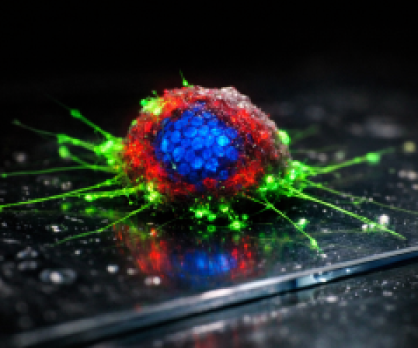 Retinal organoid attached to a plasma-treated glass surface showing neurite outgrowth and cell migration