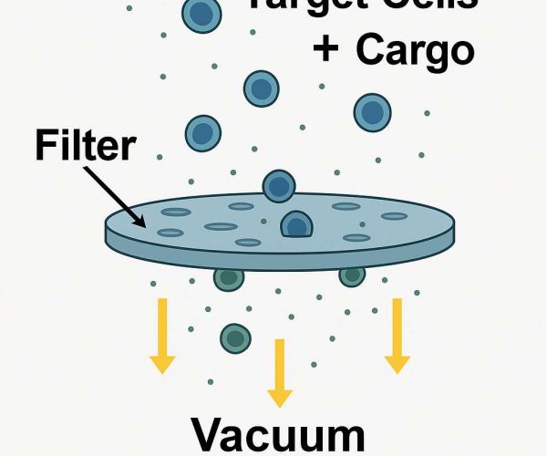 A diagram showing the filtroporation process. Target cells mixed with cargo move downward toward a circular filter with multiple pores. After passing through the filter, the cells exit below, pulled by a vacuum. The illustration shows cells and particles in blue-green tones, the filter in light blue, and downward arrows in yellow, indicating flow direction.