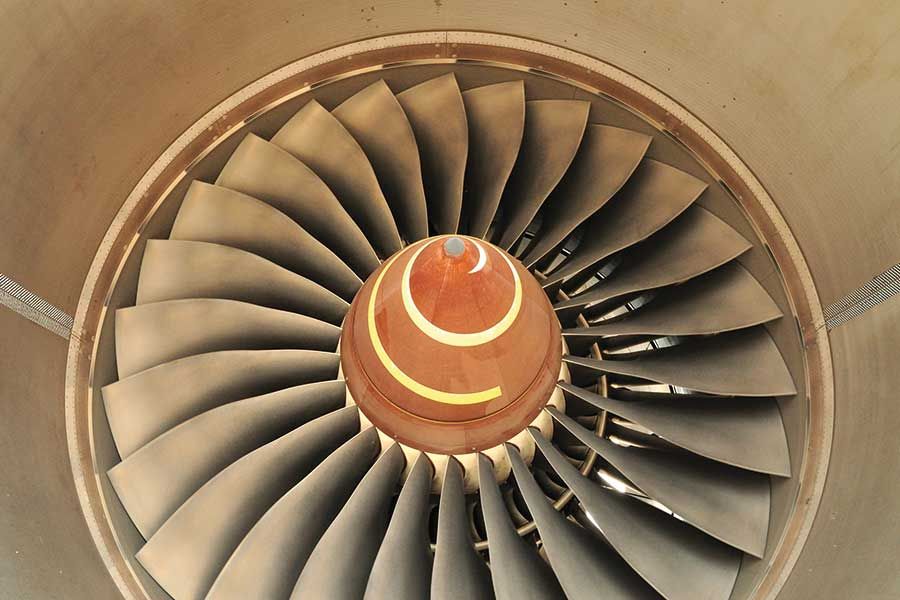 Close up of aircraft jet engine turbine blades, aerospace engineering component for advanced manufacturing and surface treatment applications