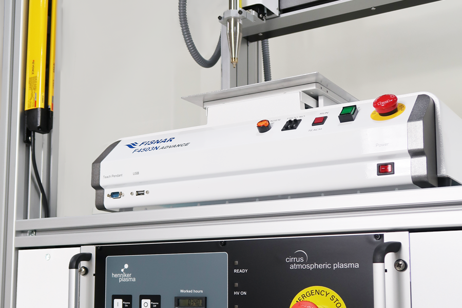 Automated dispensing and atmospheric plasma treatment system with industrial control panel for precision surface activation and adhesive application