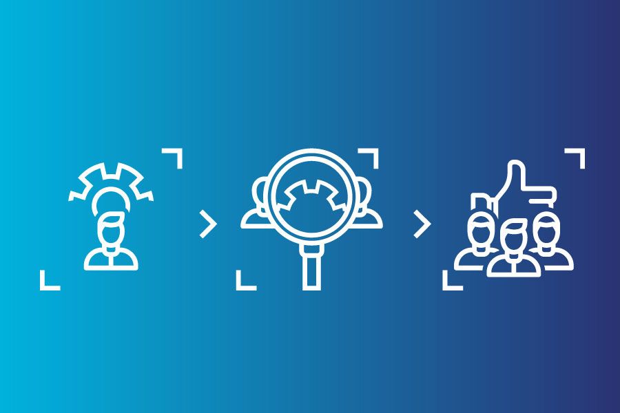 Customer journey concept graphic with icons for strategy, analysis and customer engagement on blue gradient background