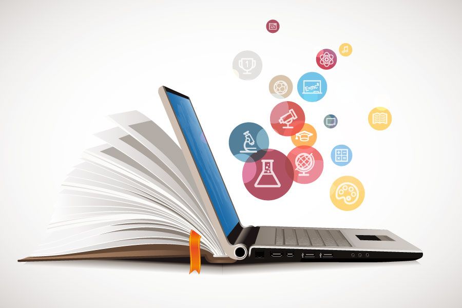 Digital learning concept with laptop emerging from open book and education subject icons for online training and e-learning platforms