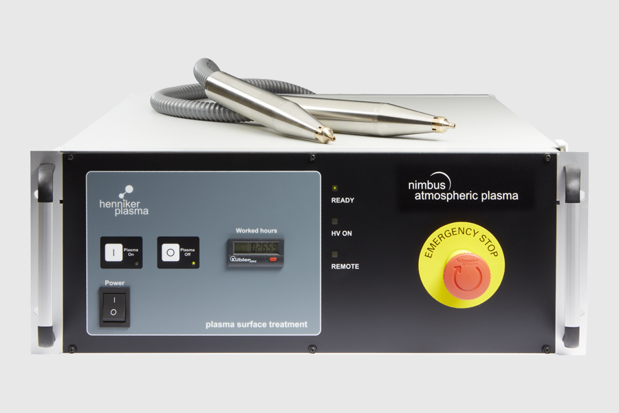 Henniker Plasma Nimbus atmospheric plasma system with handheld plasma nozzles for industrial surface activation and cleaning applications